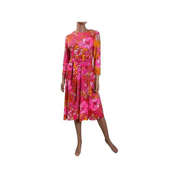 1960s Anika New York Stockholm Pinks & Oranges Floral Print Belted Dress - Picture 1 of 8